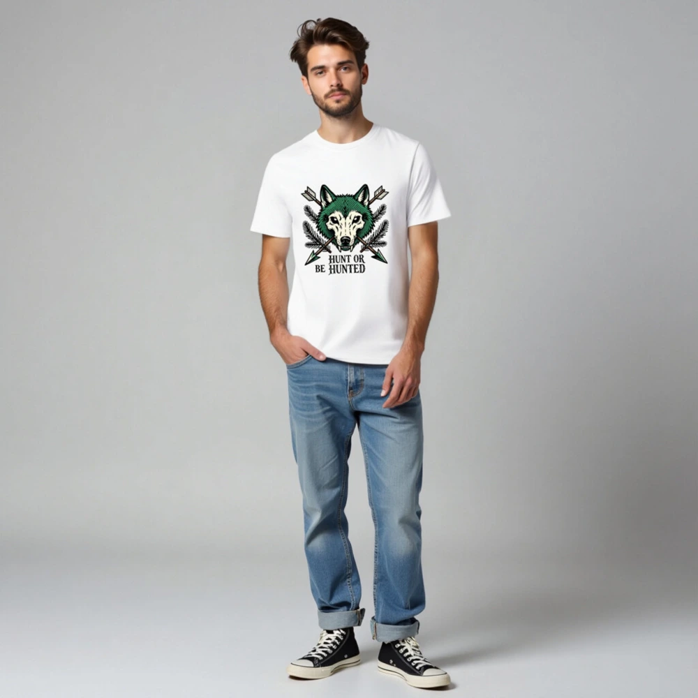 Unisex Organic Cotton T-Shirt - Green Wolf Graphic 'Hunt or Be Hunted' Hunting Theme - Image 2