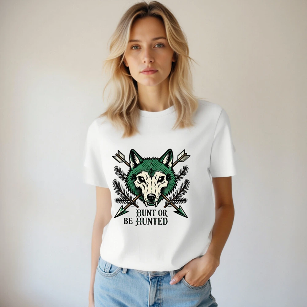 Unisex Organic Cotton T-Shirt - Green Wolf Graphic 'Hunt or Be Hunted' Hunting Theme - Image 4