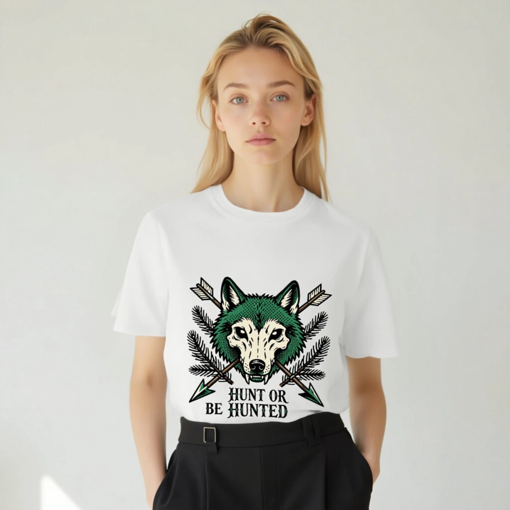 Unisex Organic Cotton T-Shirt - Green Wolf Graphic 'Hunt or Be Hunted' Hunting Theme - Image 5