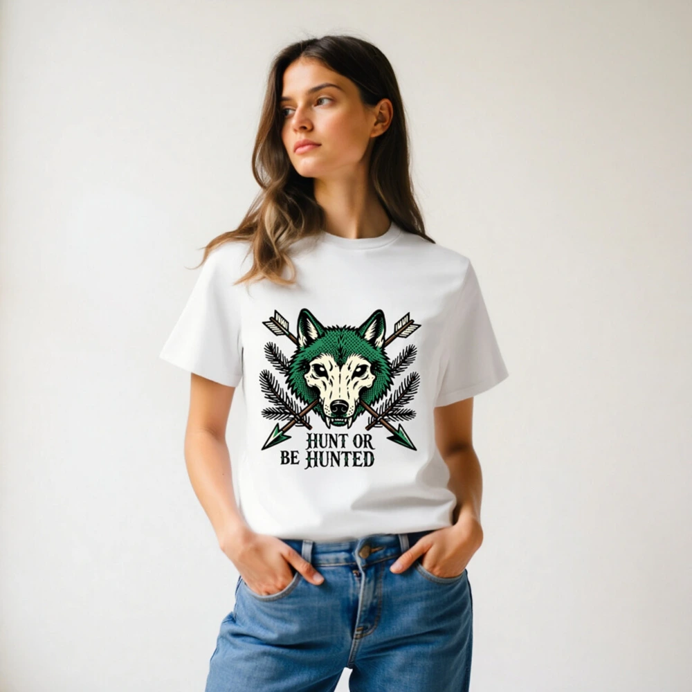 Unisex Organic Cotton T-Shirt - Green Wolf Graphic 'Hunt or Be Hunted' Hunting Theme - Image 6