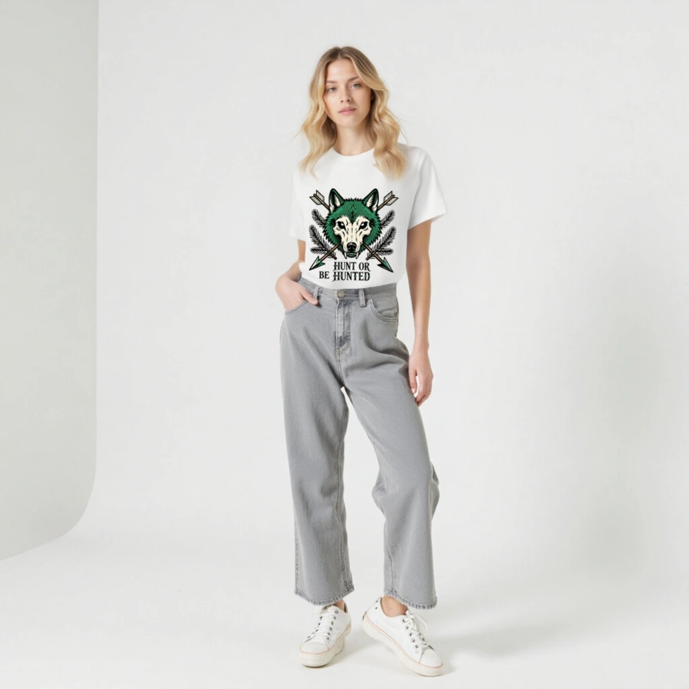 Unisex Organic Cotton T-Shirt - Green Wolf Graphic 'Hunt or Be Hunted' Hunting Theme - Image 7