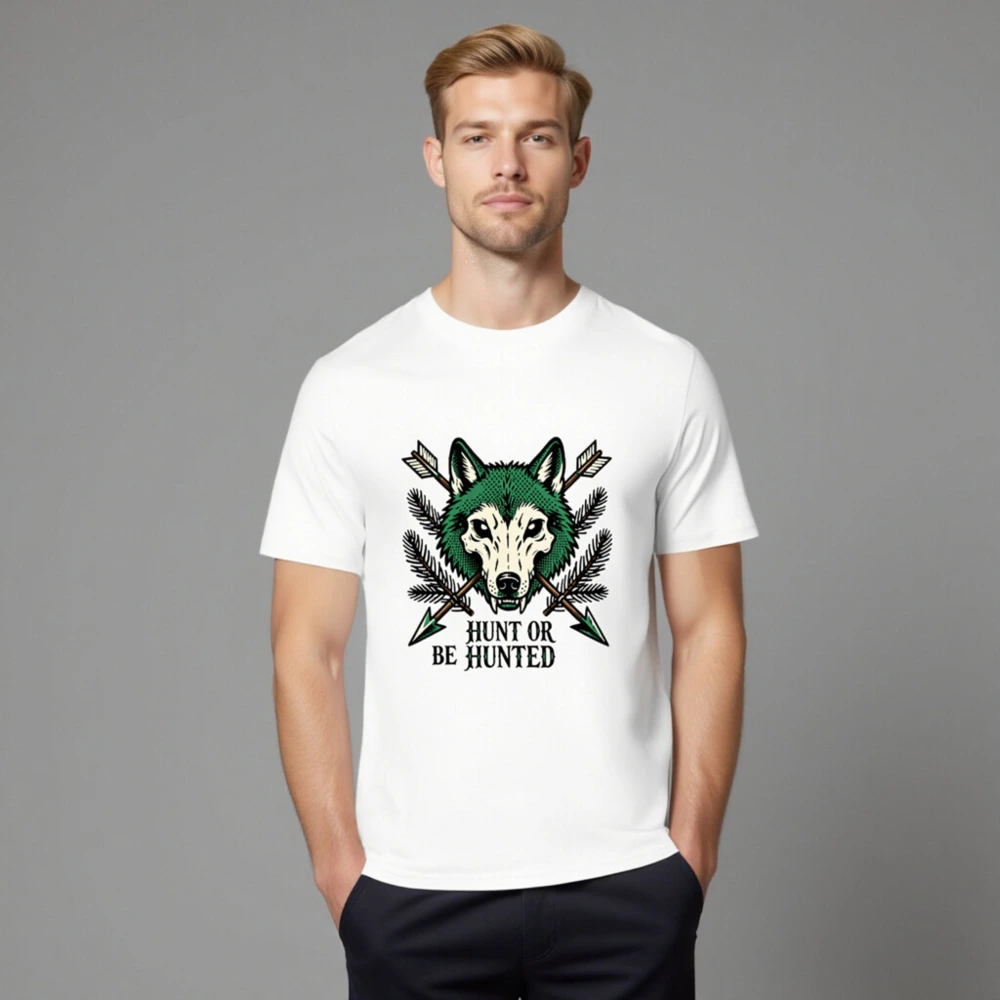 Unisex Organic Cotton T-Shirt - Green Wolf Graphic 'Hunt or Be Hunted' Hunting Theme - Image 8