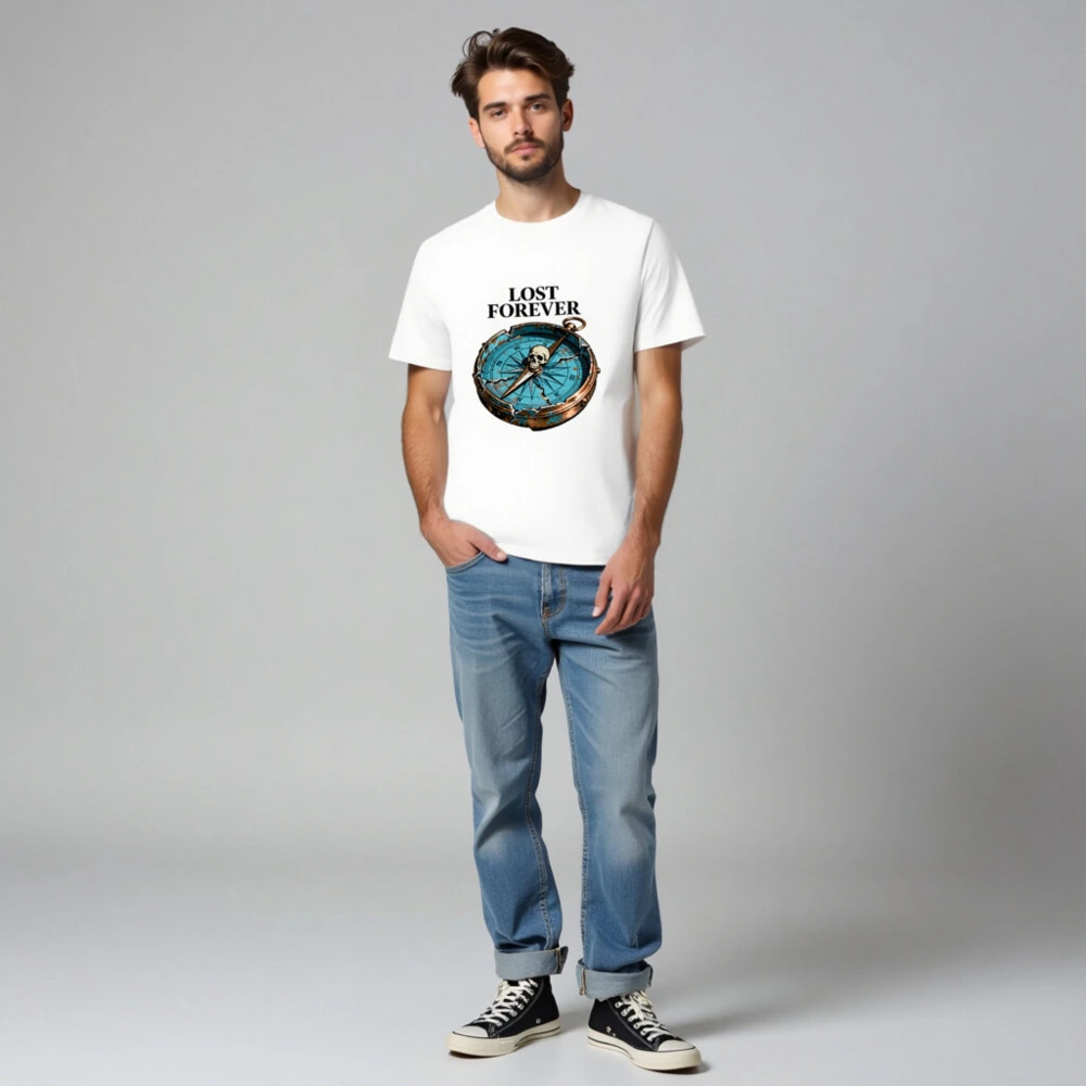 Lost Forever Compass Skull T-Shirt - Unisex Organic Cotton Tee - Image 2