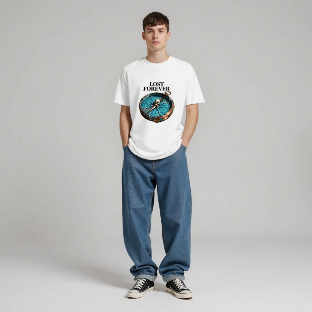 Lost Forever Compass Skull T-Shirt - Unisex Organic Cotton Tee - Image 3