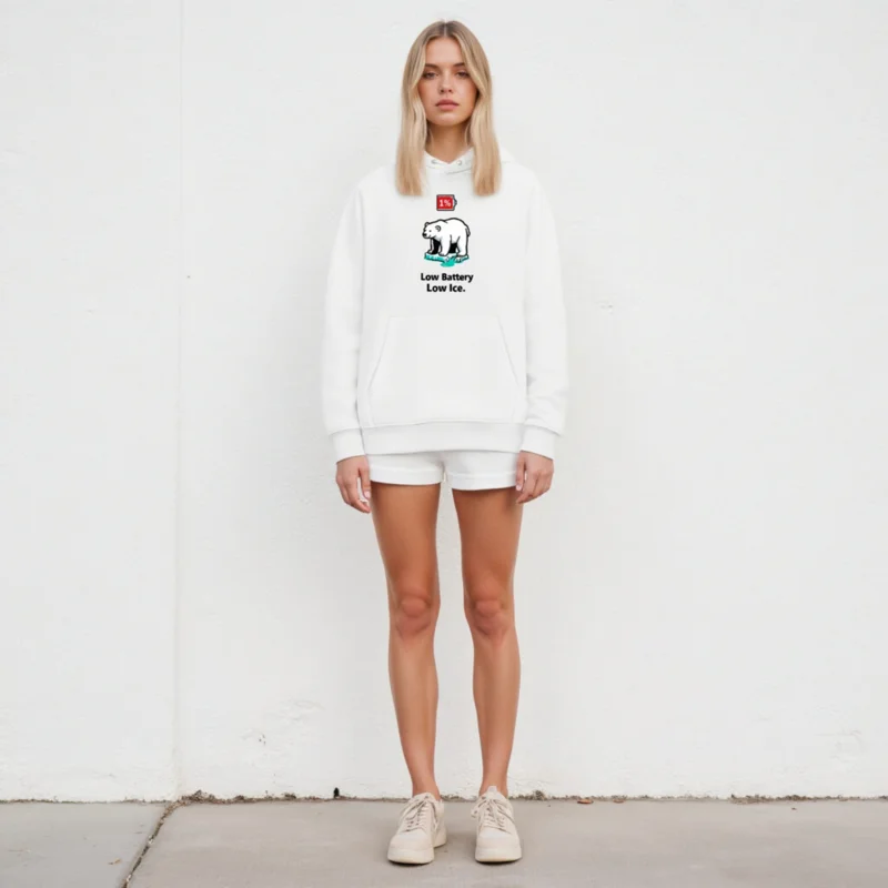 Unisex Eco Hoodie - Low Battery, Low Ice Polar Bear Design | 1% Battery Icon - Image 2