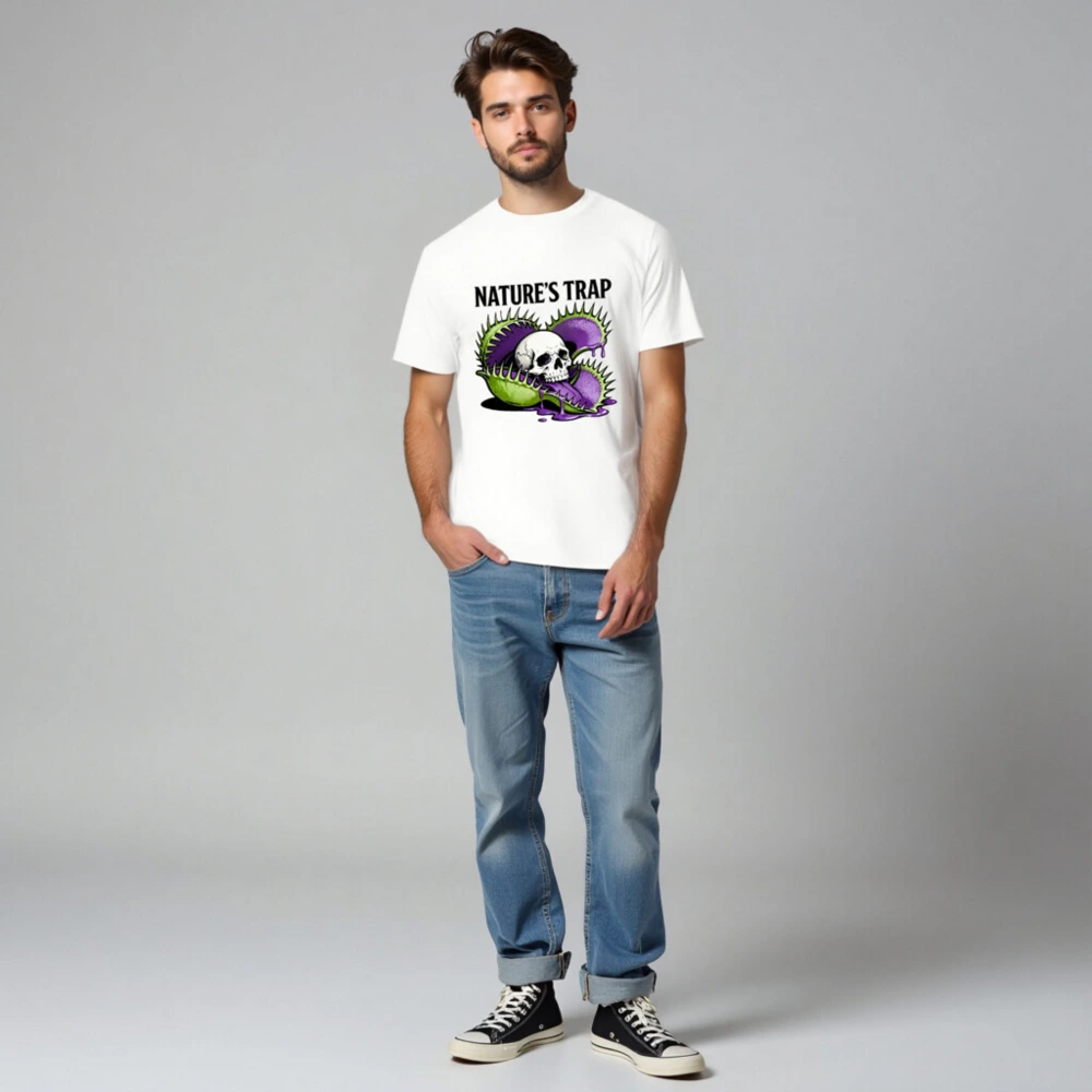 Nature's Trap T-Shirt - Unisex Organic Cotton Tee with Skull & Venus Flytrap Design - Image 2