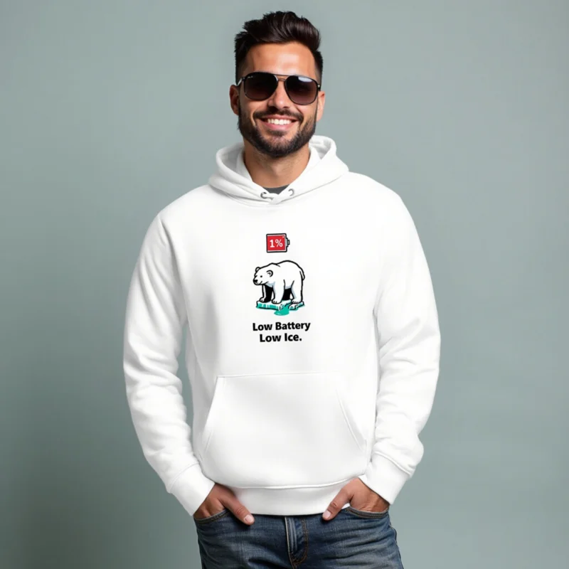 Unisex Eco Hoodie - Low Battery, Low Ice Polar Bear Design | 1% Battery Icon - Image 3