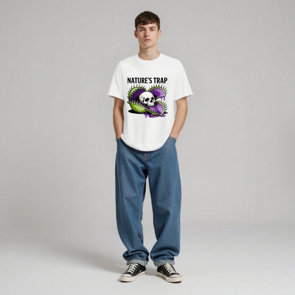 Nature's Trap T-Shirt - Unisex Organic Cotton Tee with Skull & Venus Flytrap Design - Image 3