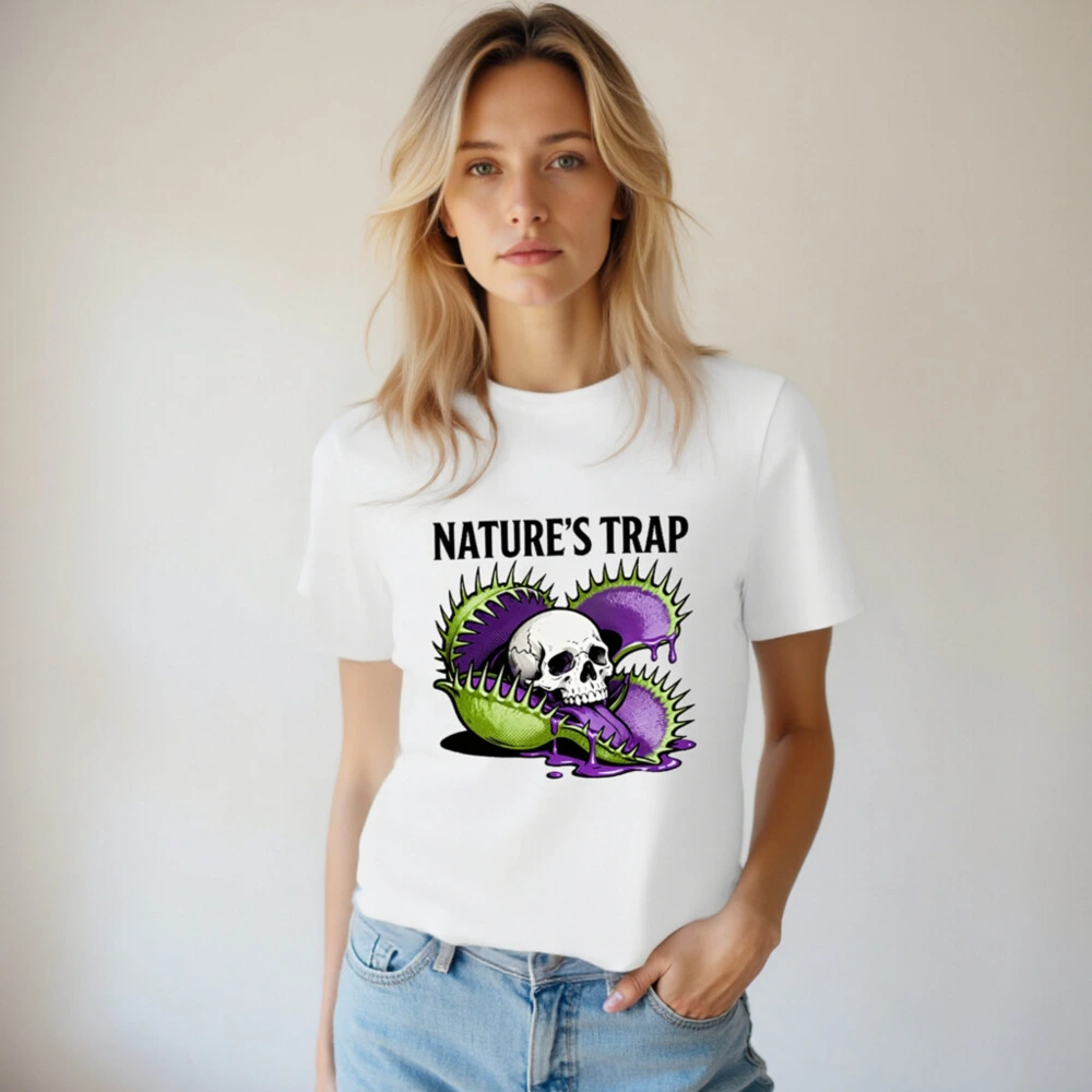 Nature's Trap T-Shirt - Unisex Organic Cotton Tee with Skull & Venus Flytrap Design - Image 4
