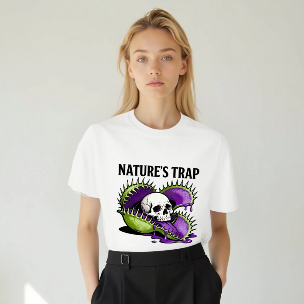 Nature's Trap T-Shirt - Unisex Organic Cotton Tee with Skull & Venus Flytrap Design - Image 5