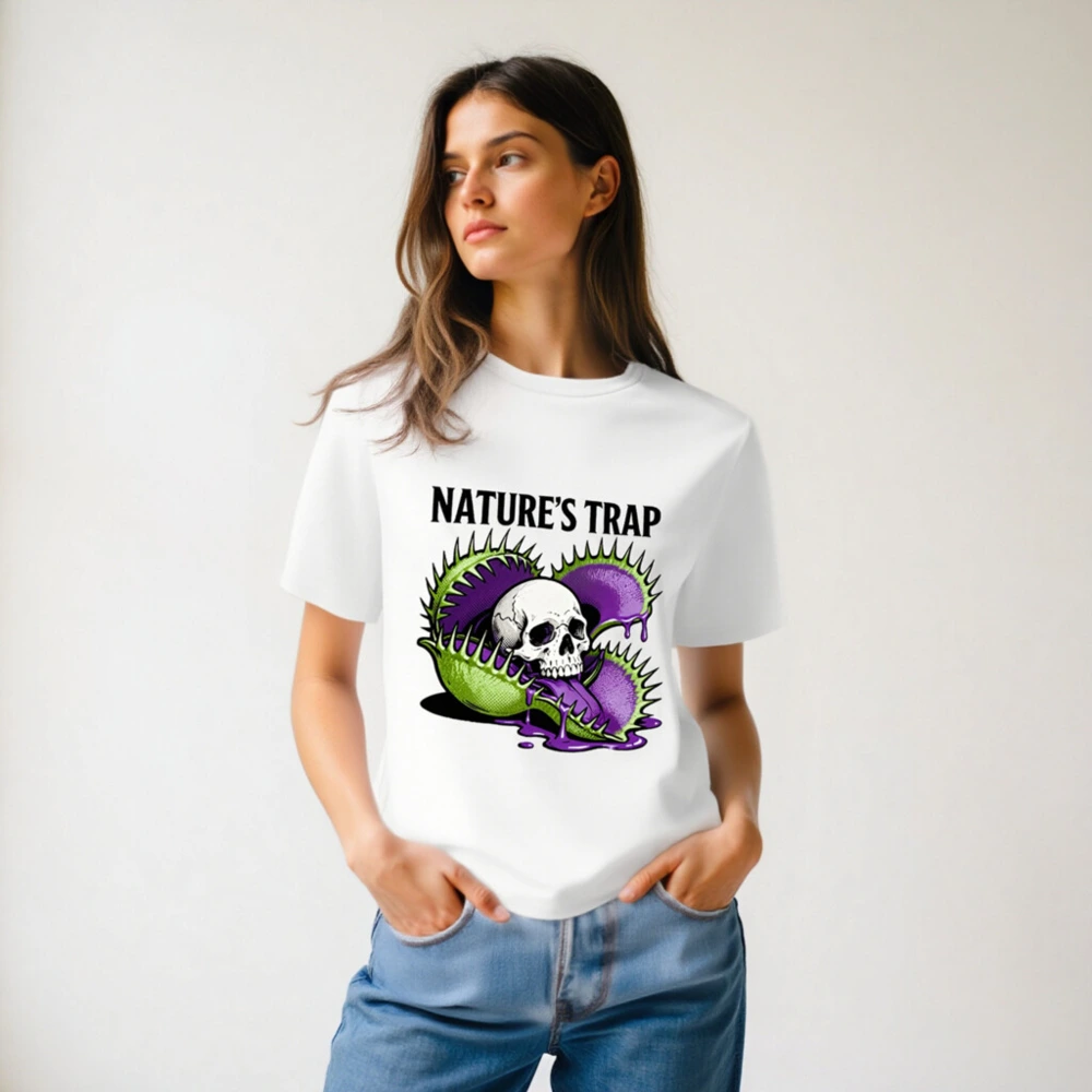 Nature's Trap T-Shirt - Unisex Organic Cotton Tee with Skull & Venus Flytrap Design - Image 6