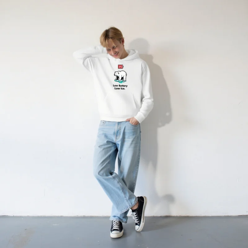 Unisex Eco Hoodie - Low Battery, Low Ice Polar Bear Design | 1% Battery Icon - Image 4
