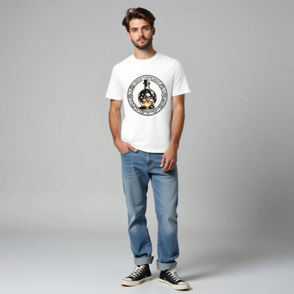 Divine Experiment T-Shirt - Unisex Organic Cotton Tee with Skull & Star Bottle Design - Image 2