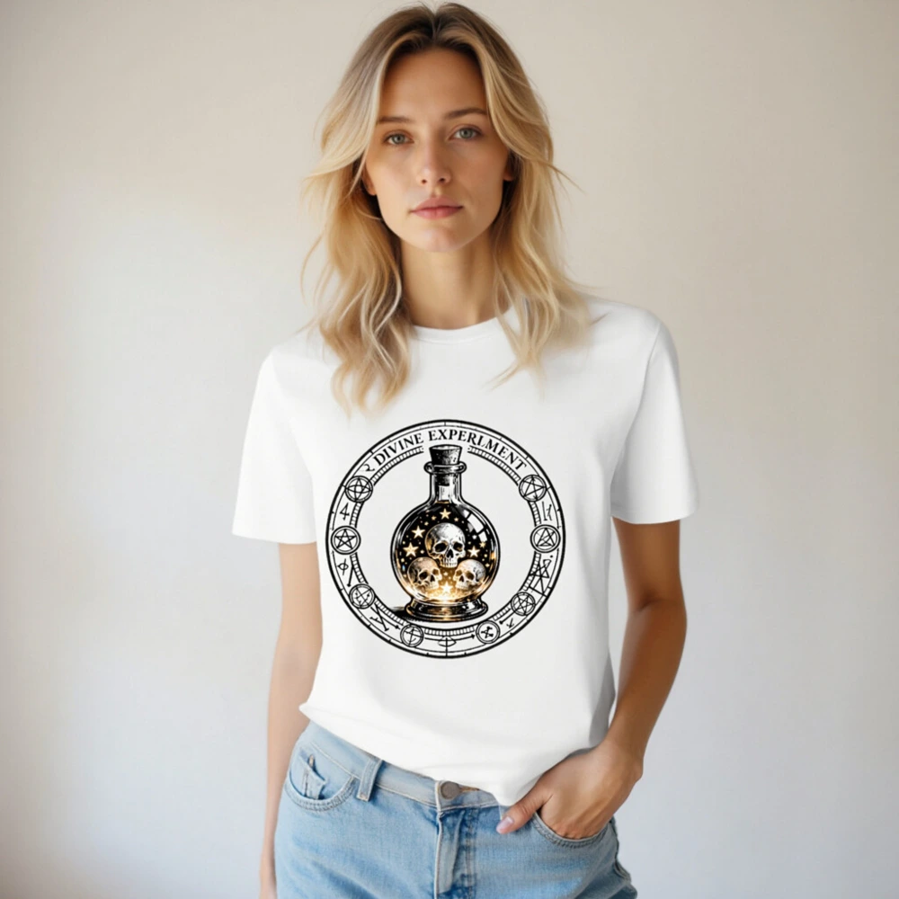 Divine Experiment T-Shirt - Unisex Organic Cotton Tee with Skull & Star Bottle Design - Image 4