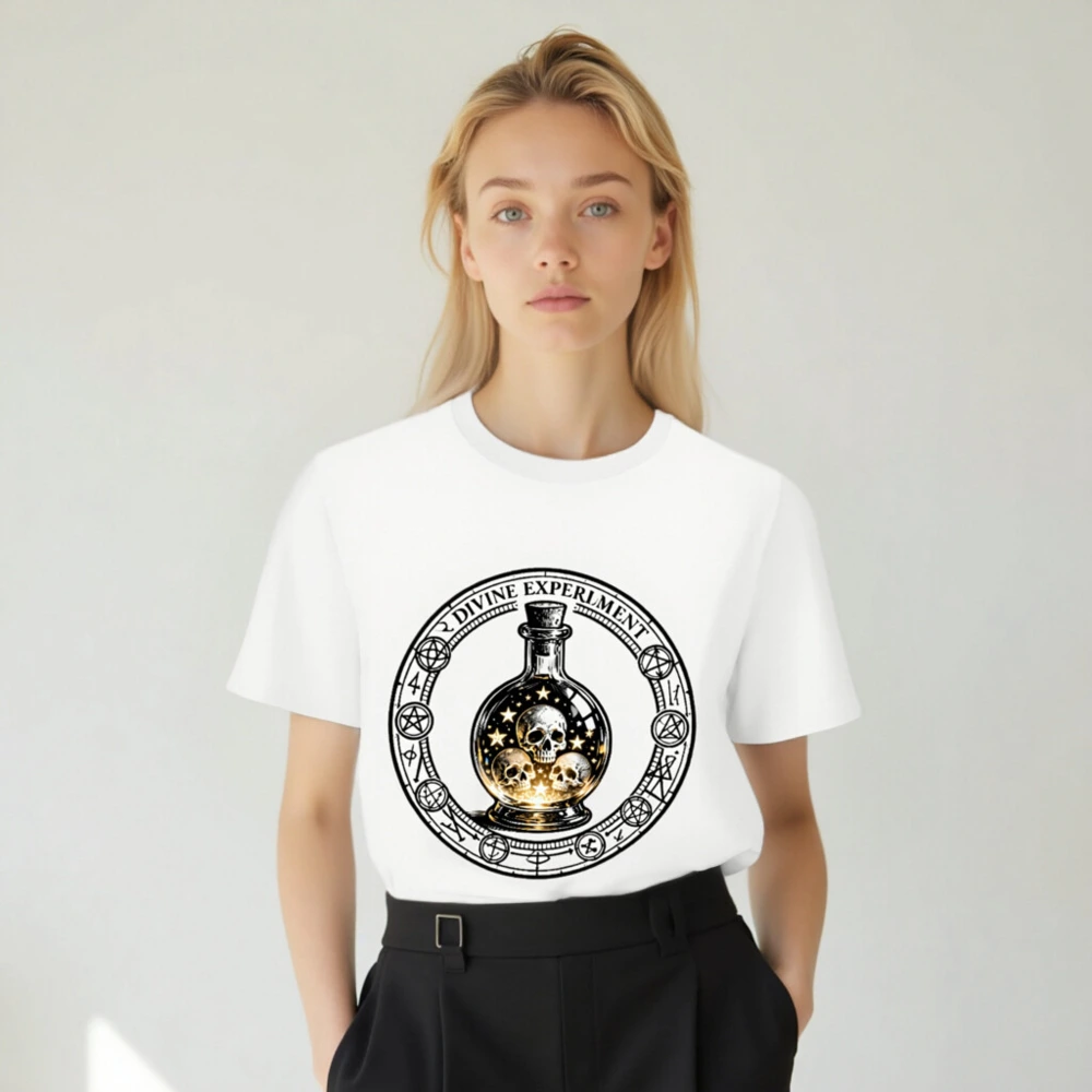 Divine Experiment T-Shirt - Unisex Organic Cotton Tee with Skull & Star Bottle Design - Image 5