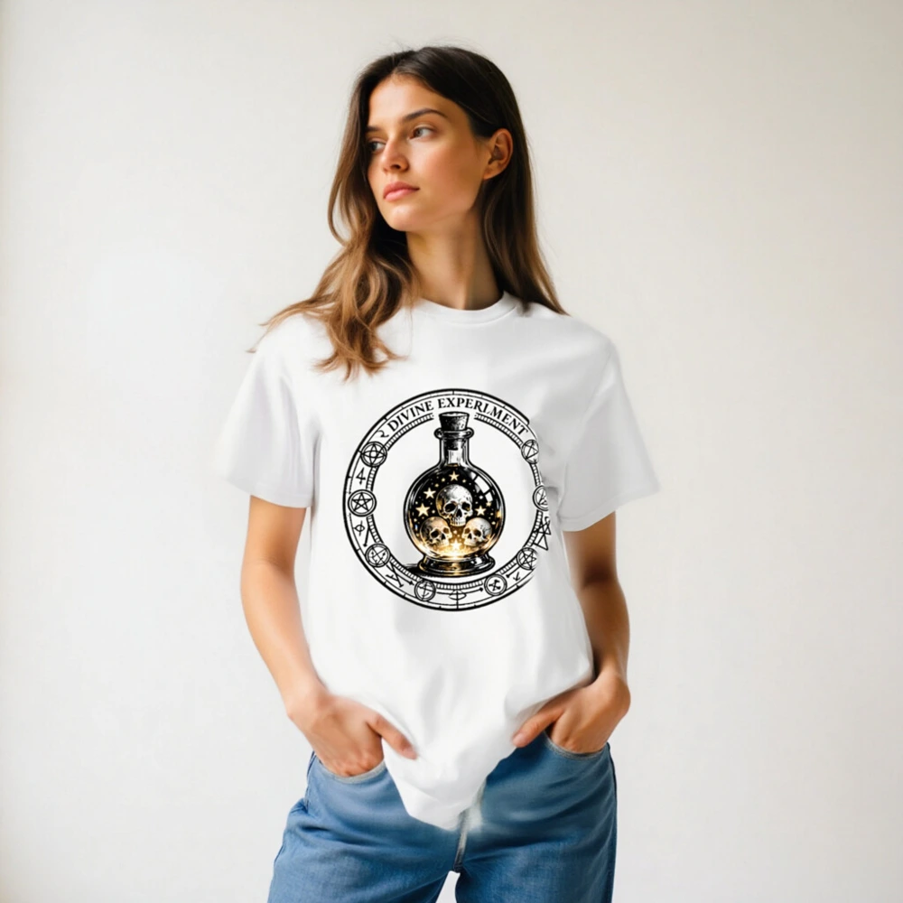 Divine Experiment T-Shirt - Unisex Organic Cotton Tee with Skull & Star Bottle Design - Image 6