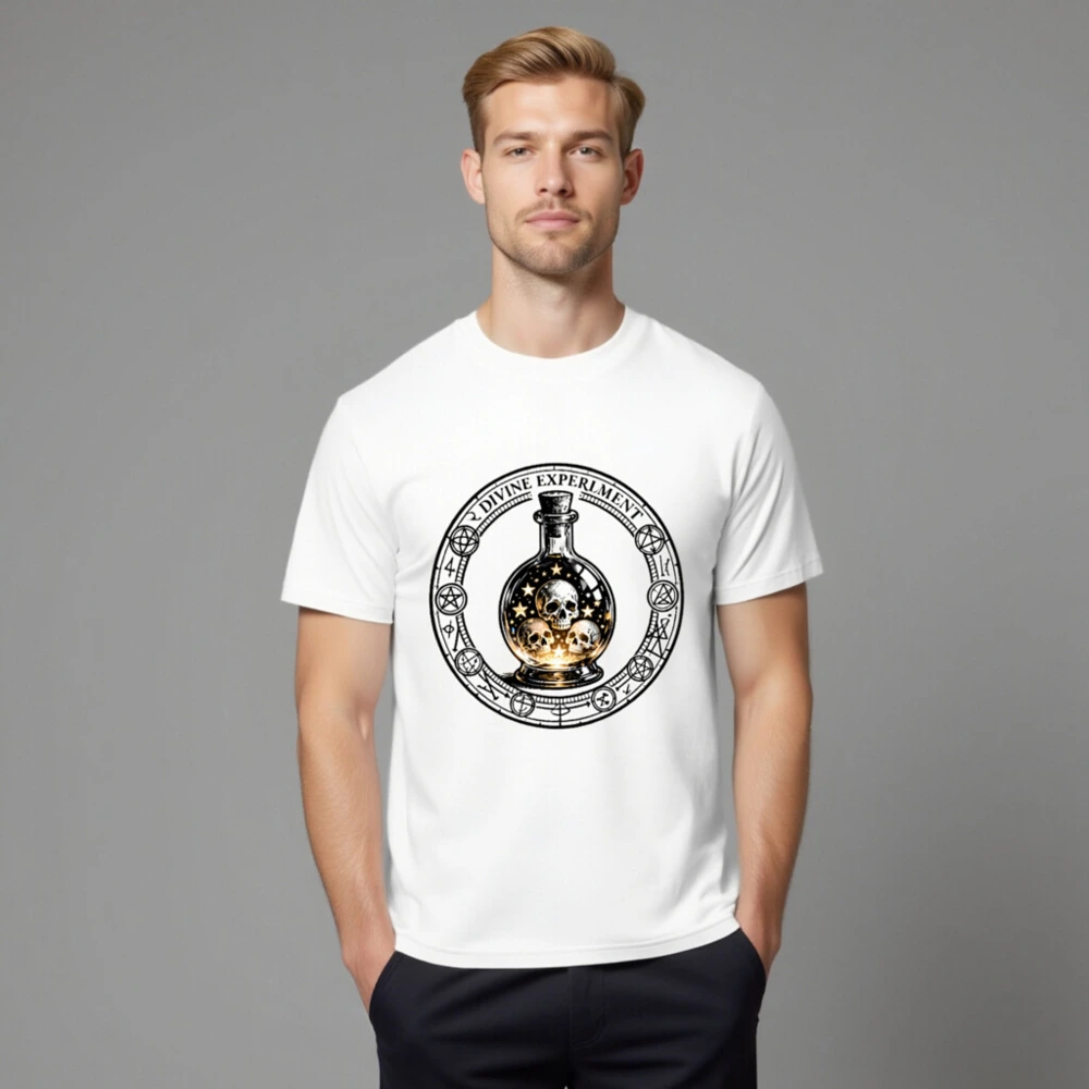 Divine Experiment T-Shirt - Unisex Organic Cotton Tee with Skull & Star Bottle Design - Image 8