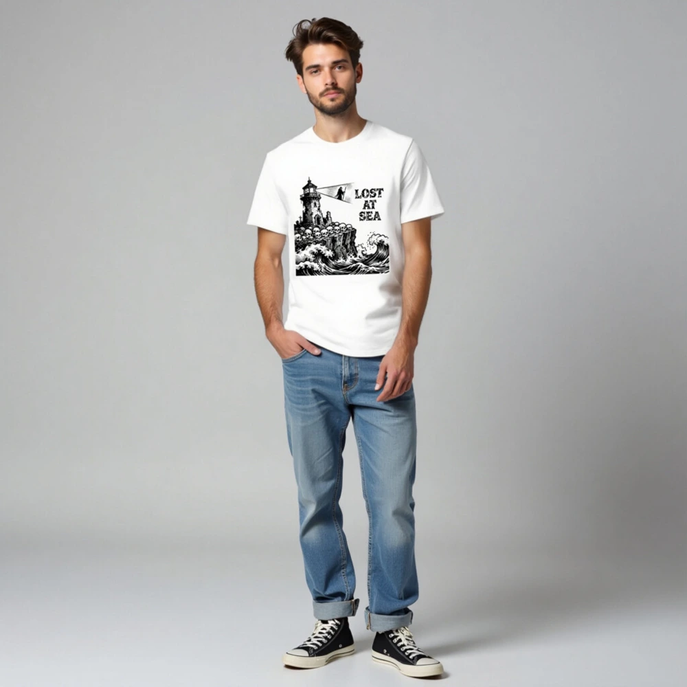 Unisex Organic Cotton T-Shirt | Lost at Sea Lighthouse Skulls Wave Design - Image 2