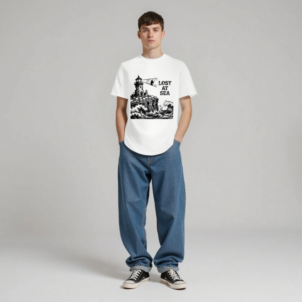 Unisex Organic Cotton T-Shirt | Lost at Sea Lighthouse Skulls Wave Design - Image 3