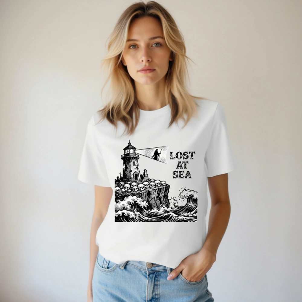 Unisex Organic Cotton T-Shirt | Lost at Sea Lighthouse Skulls Wave Design - Image 4