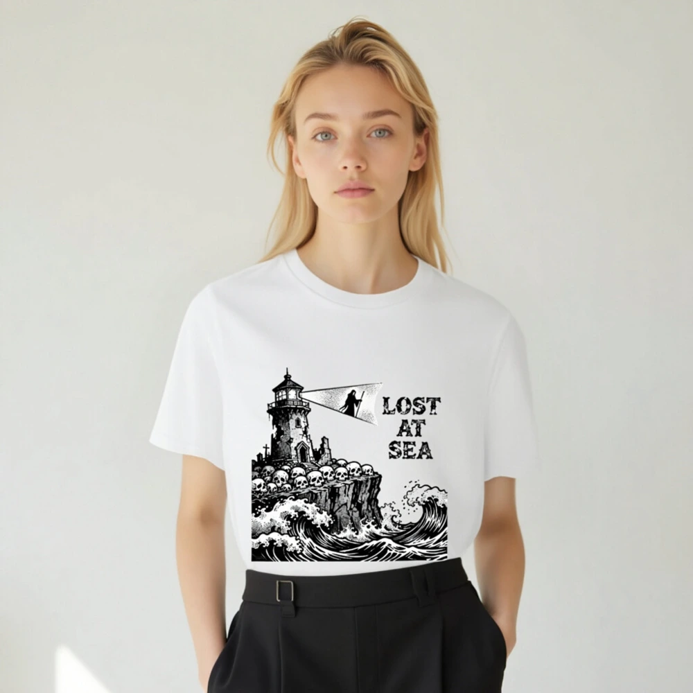 Unisex Organic Cotton T-Shirt | Lost at Sea Lighthouse Skulls Wave Design - Image 5