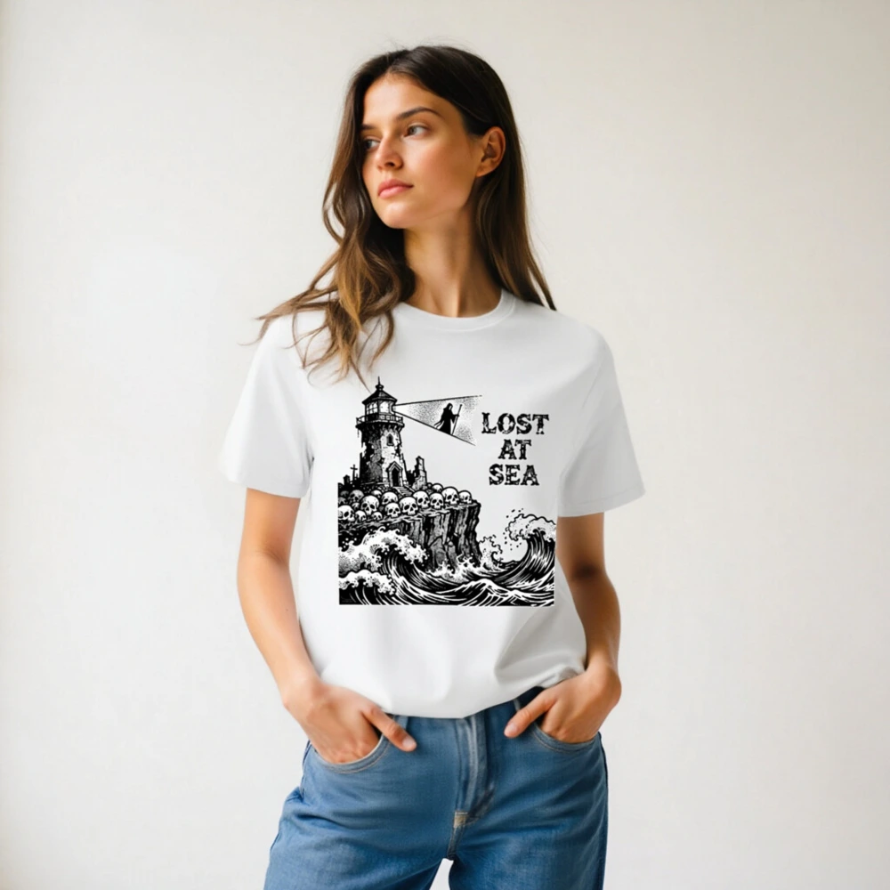 Unisex Organic Cotton T-Shirt | Lost at Sea Lighthouse Skulls Wave Design - Image 6