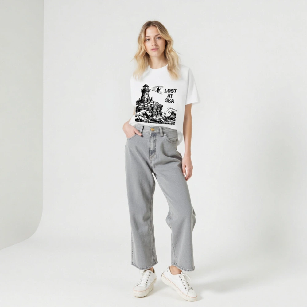 Unisex Organic Cotton T-Shirt | Lost at Sea Lighthouse Skulls Wave Design - Image 7