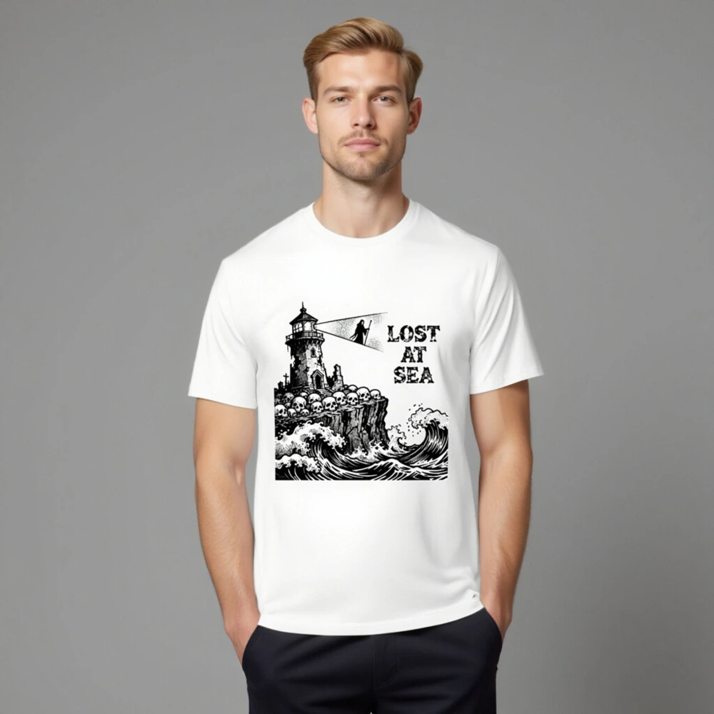 Unisex Organic Cotton T-Shirt | Lost at Sea Lighthouse Skulls Wave Design - Image 8