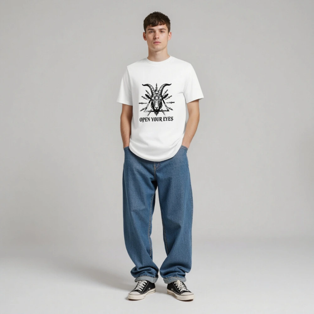 Unisex Organic Cotton T-Shirt - Goat Head with Third Eye & Daggers, 'Open Your Eyes' Design - Image 3