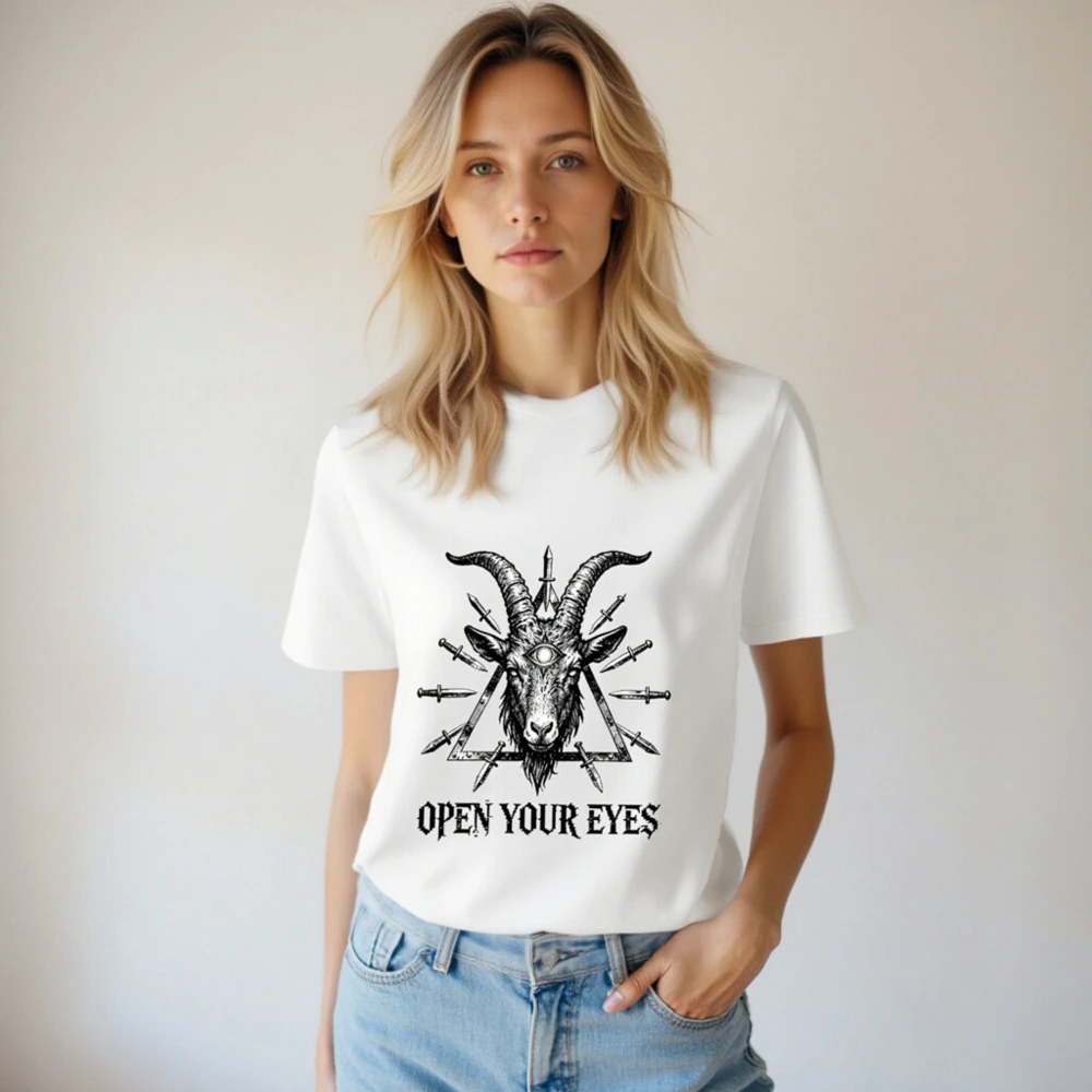 Unisex Organic Cotton T-Shirt - Goat Head with Third Eye & Daggers, 'Open Your Eyes' Design - Image 4