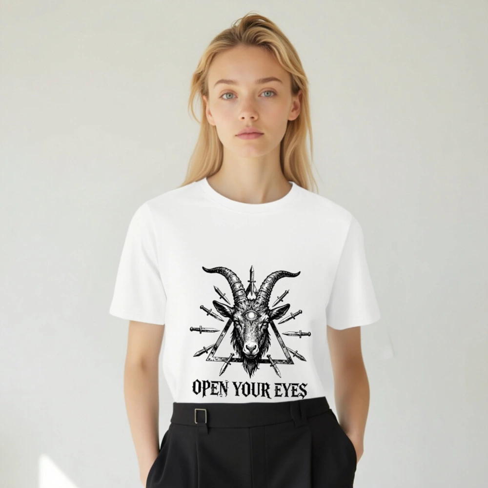 Unisex Organic Cotton T-Shirt - Goat Head with Third Eye & Daggers, 'Open Your Eyes' Design - Image 5
