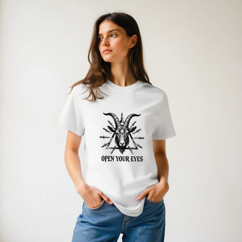 Unisex Organic Cotton T-Shirt - Goat Head with Third Eye & Daggers, 'Open Your Eyes' Design - Image 6