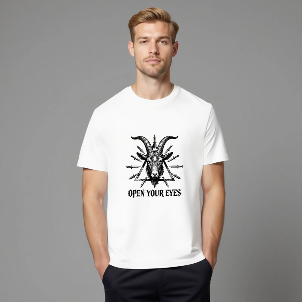 Unisex Organic Cotton T-Shirt - Goat Head with Third Eye & Daggers, 'Open Your Eyes' Design - Image 8