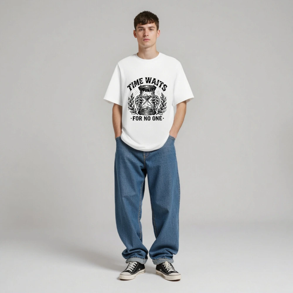 Unisex Organic Cotton T-Shirt - Time Waits For No One Hourglass Skull Design - Image 3