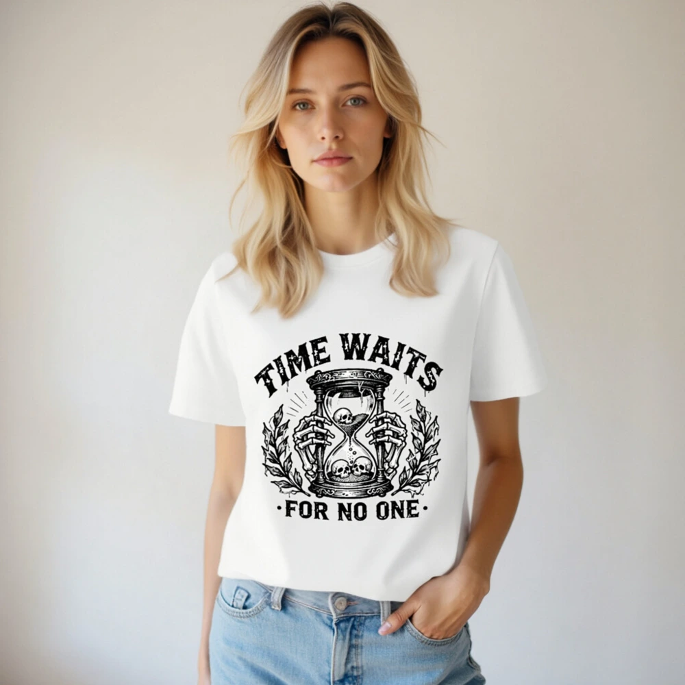 Unisex Organic Cotton T-Shirt - Time Waits For No One Hourglass Skull Design - Image 4