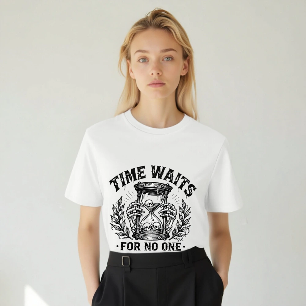 Unisex Organic Cotton T-Shirt - Time Waits For No One Hourglass Skull Design - Image 5