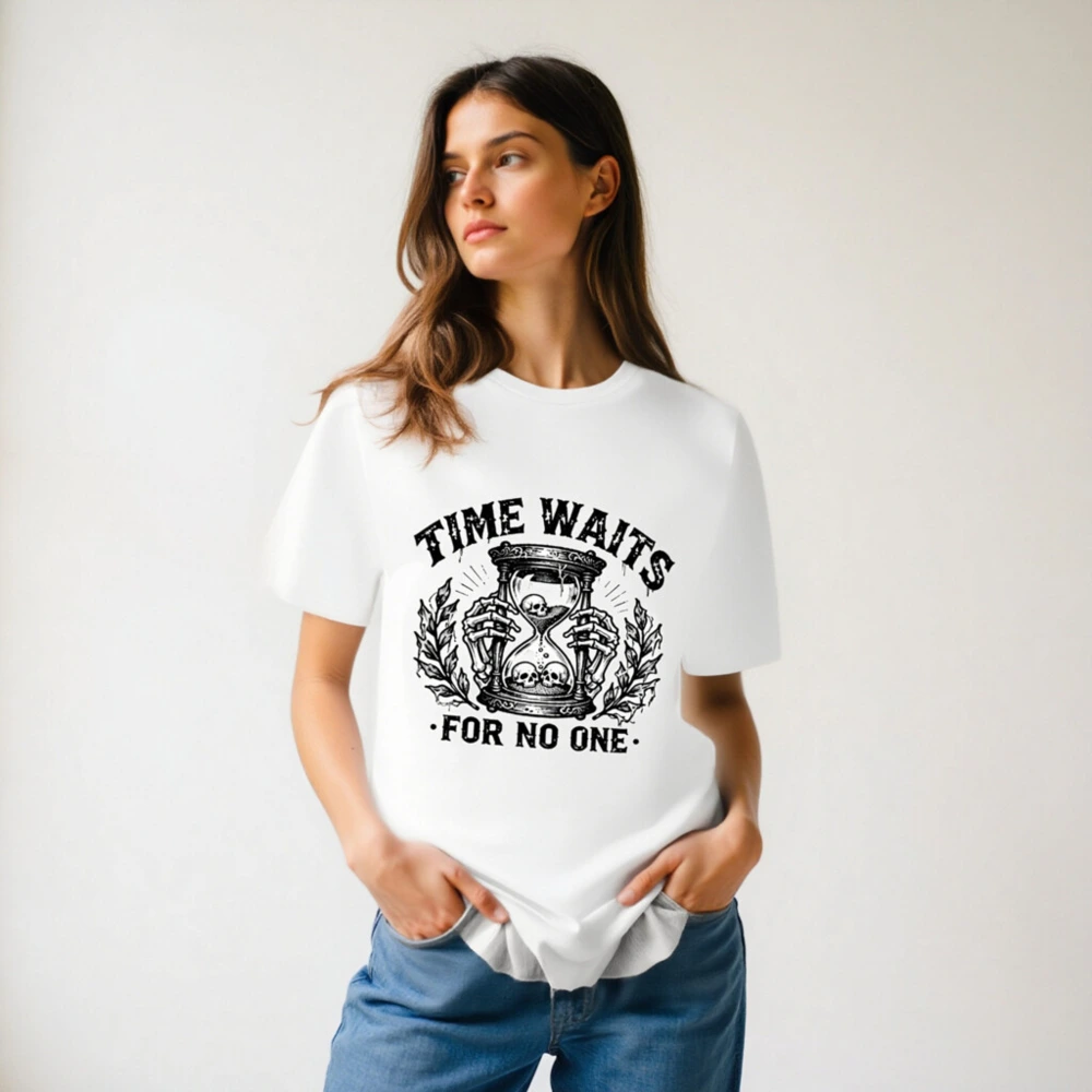 Unisex Organic Cotton T-Shirt - Time Waits For No One Hourglass Skull Design - Image 6