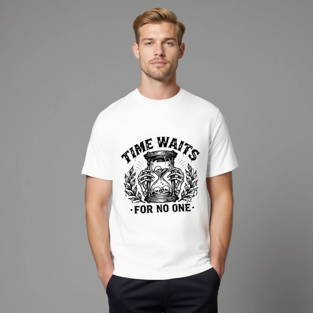 Unisex Organic Cotton T-Shirt - Time Waits For No One Hourglass Skull Design - Image 8