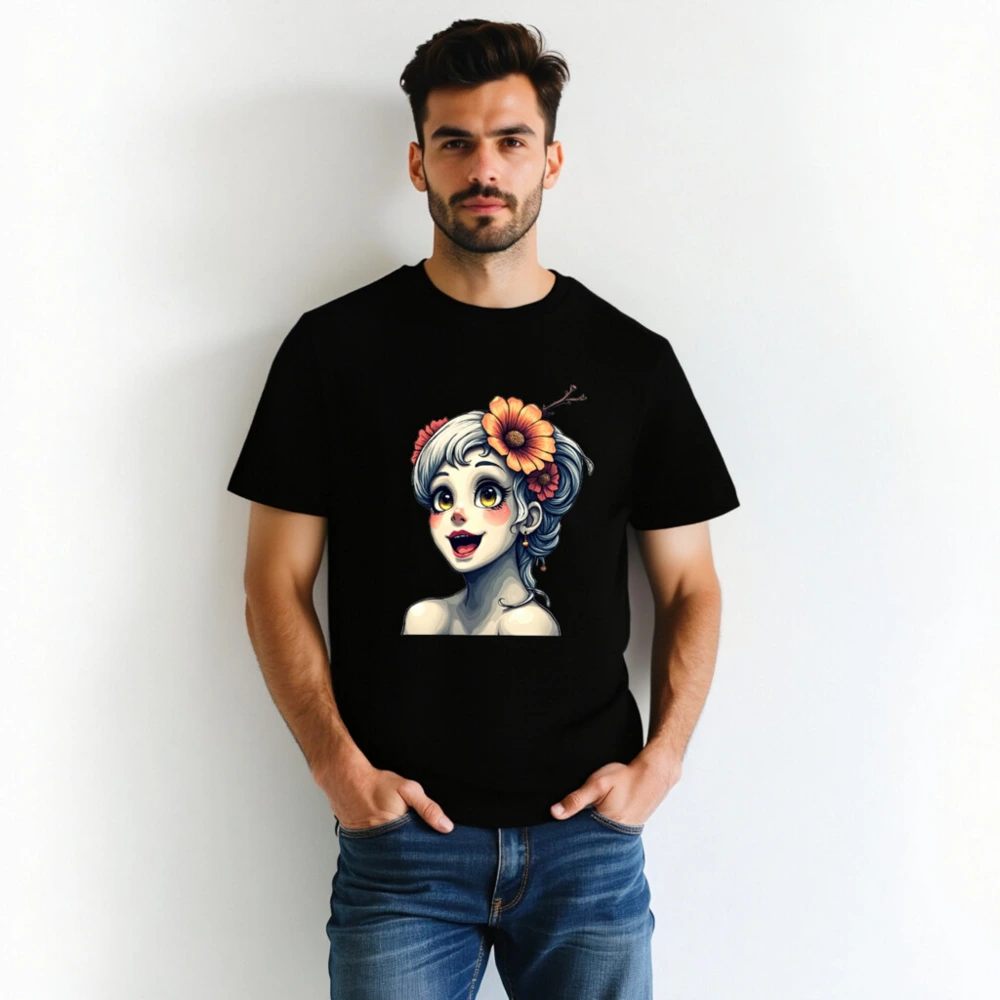 Unisex Organic Cotton T-Shirt with Floral Girl Art Design - Image 2