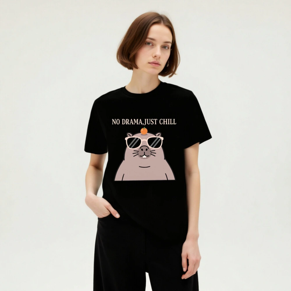 Unisex Organic Cotton T-Shirt - 'No Drama, Just Chill' Guinea Pig Graphic Tee - Image 4