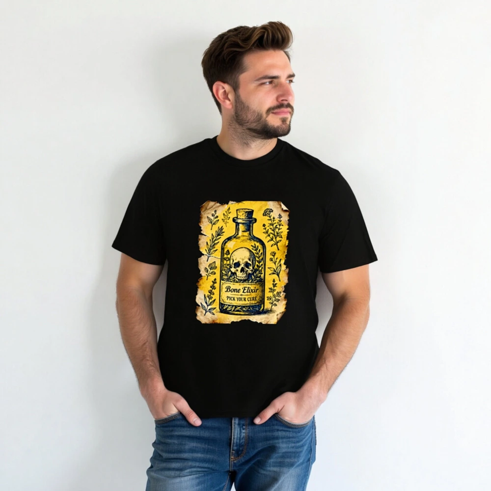 Bone Elixir T-Shirt - Unisex Organic Cotton Tee with Vintage Skull & Herb Art - Image 3