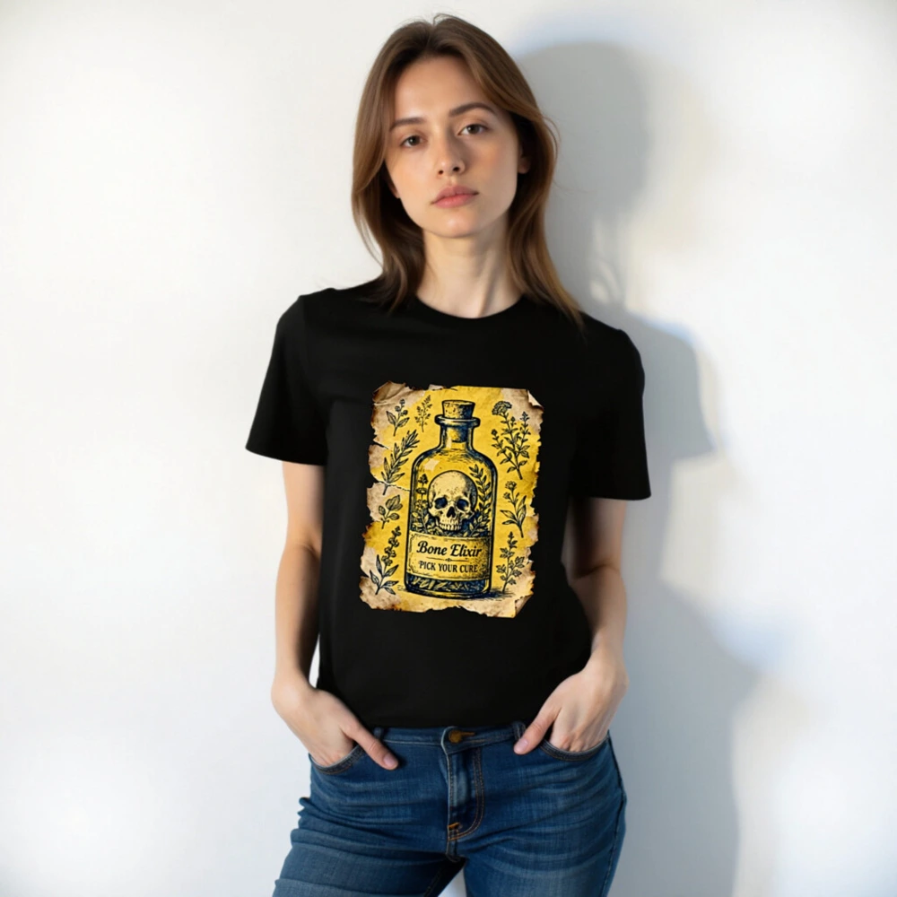 Bone Elixir T-Shirt - Unisex Organic Cotton Tee with Vintage Skull & Herb Art - Image 4