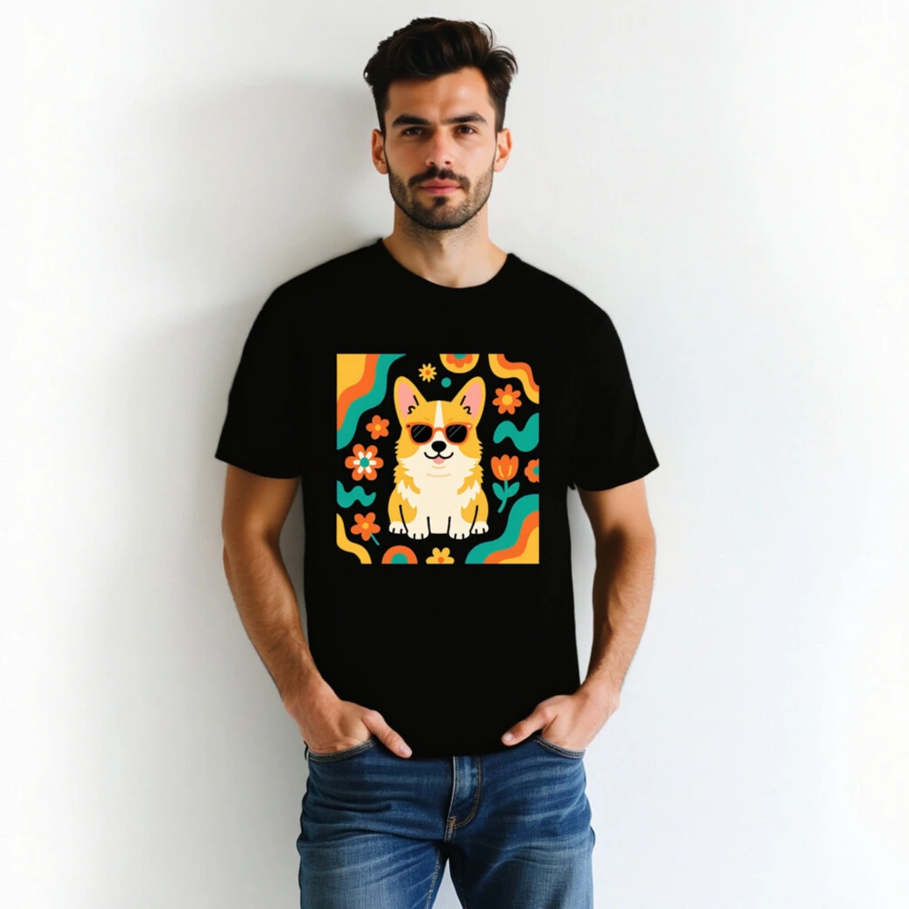 Unisex Corgi Sunflower T-Shirt - Retro Floral Dog Graphic Tee - Image 2
