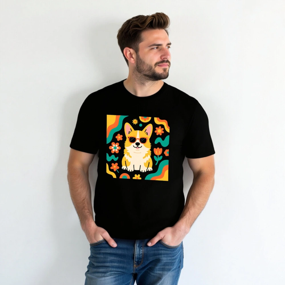 Unisex Corgi Sunflower T-Shirt - Retro Floral Dog Graphic Tee - Image 3