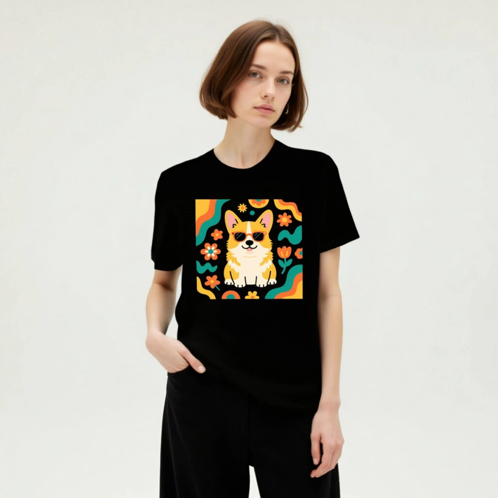 Unisex Corgi Sunflower T-Shirt - Retro Floral Dog Graphic Tee - Image 5