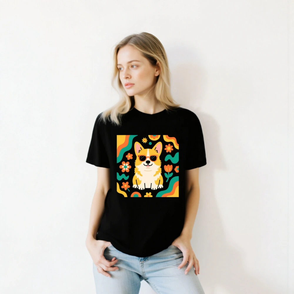 Unisex Corgi Sunflower T-Shirt - Retro Floral Dog Graphic Tee - Image 6
