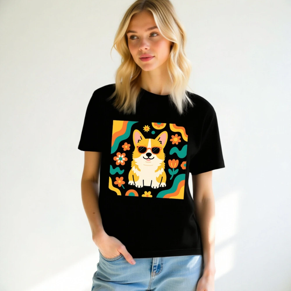 Unisex Corgi Sunflower T-Shirt - Retro Floral Dog Graphic Tee - Image 7