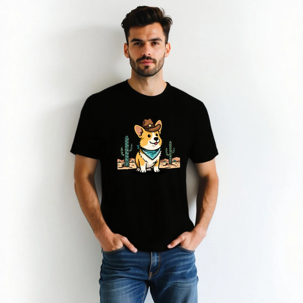 Unisex Cowboy Corgi T-Shirt - Black Short Sleeve Tee with Desert Bandana Design - Image 2