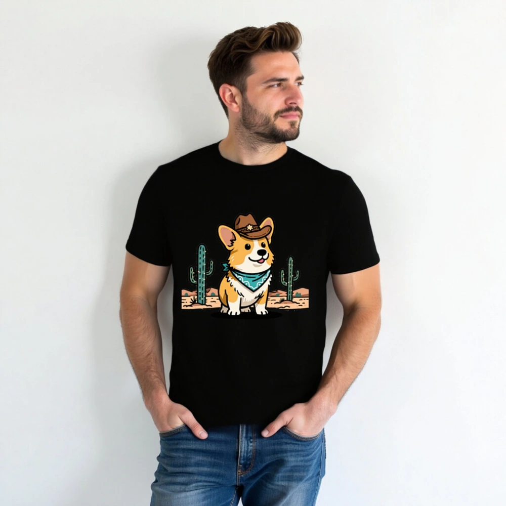Unisex Cowboy Corgi T-Shirt - Black Short Sleeve Tee with Desert Bandana Design - Image 3