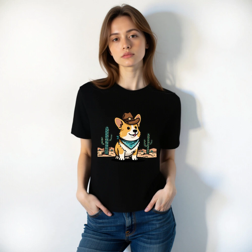 Unisex Cowboy Corgi T-Shirt - Black Short Sleeve Tee with Desert Bandana Design - Image 4